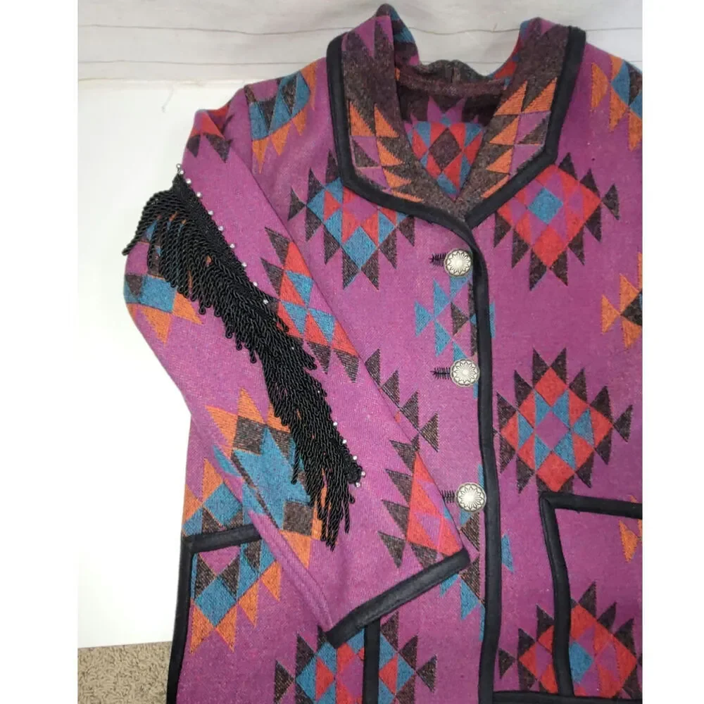 VINTAGE WOOL BLEND AZTEC PRINT BUTTON UP JACKET W FRINGE DETAIL, SZ LARGE